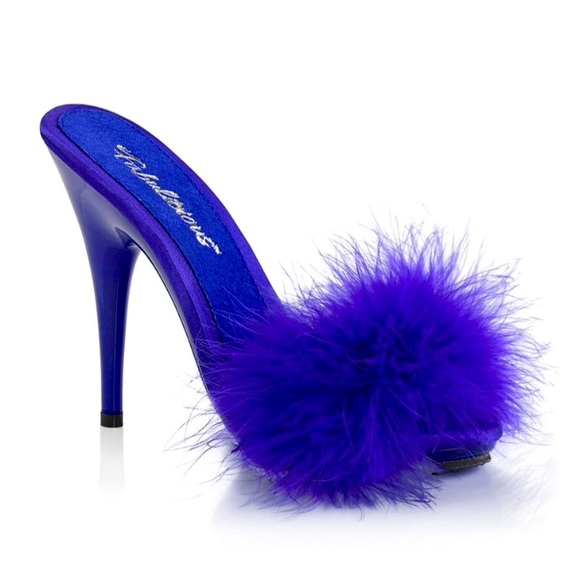 Dolls Kill Shoes - Marabou Fur / Satin Slide Sandal Blue
